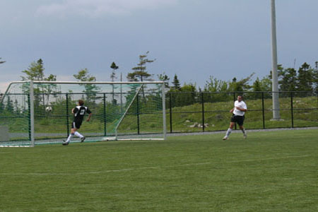 One of three goals for  Alumitech's Steve Cormier during  a recent match between Alumitech and Metro United.